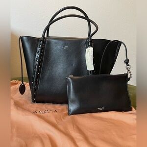 NEW ALAIA Black Le Hinge Small Studded Leather Tote Bag with Interior Pouch